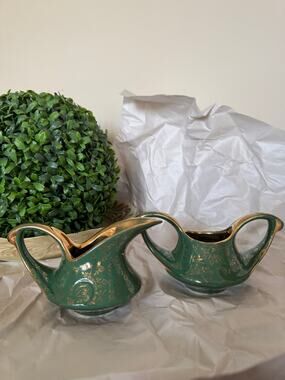 China Company, Handpainted, Hunter Green, 22 KT Gold Plated, Sugar & Cream Dish